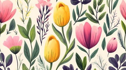Floral Seamless Pattern Spring Flowers Tulips Botanical Illustration