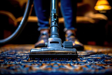 A vacuum cleaner is focused in the foreground, with a person"s feet visible on a patterned rug, creating a cozy indoor atmosphere.