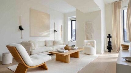Fototapeta premium Minimal living space with off-white walls and one statement piece 