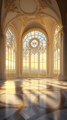 Fototapeta premium A grand interior space with ornate architecture and large windows, illuminated by sunset.