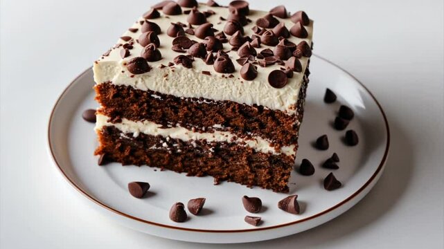 Square piece of chocolate cake with vanilla cream and chocolate chips on white background
