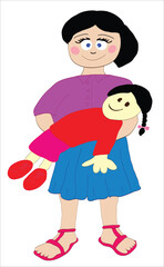 Cute little girl is holding and playing with doll in her hands, simple cartoon or comics character, vector illustration isolated on white background
