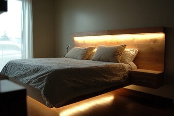 A Bedroom Featuring Floating Nightstands, a Backlit Headboard, and a Subtle Monochrome Palette, Blending Minimalist Design with Ambient Lighting for a Calm and Contemporary Sleeping Space