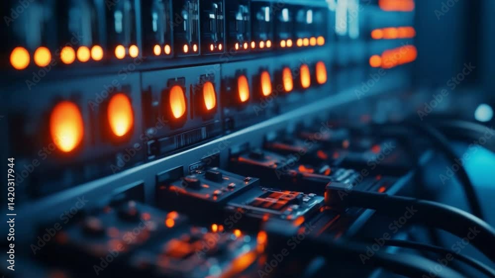 Aufkleber server rack connectivity: a high-tech server rack, showcasing the intricate network of cables and gl