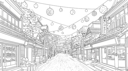 Fototapeta premium Serene Japanese Streetscape with Lanterns and Traditional Architecture