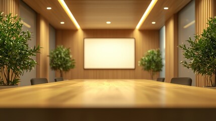 Fototapeta premium Modern conference room interior, featuring a light wooden table and walls, with plants and a blank whiteboard
