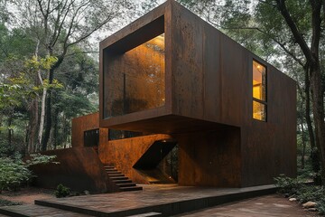 A Bold Cube-Shaped House Featuring an Indented Entry and Subtle Hidden Lighting Effects, Emphasizing Geometric Form, Architectural Drama, and Contemporary Minimalism in a Sculptural Residential Design