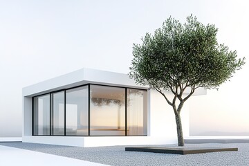 A Box-Style House with Large Corner Windows, a Lone Tree Beside, and a Gravel Base, Showcasing Clean Geometry and Modern Minimalism in a Balanced Natural Setting