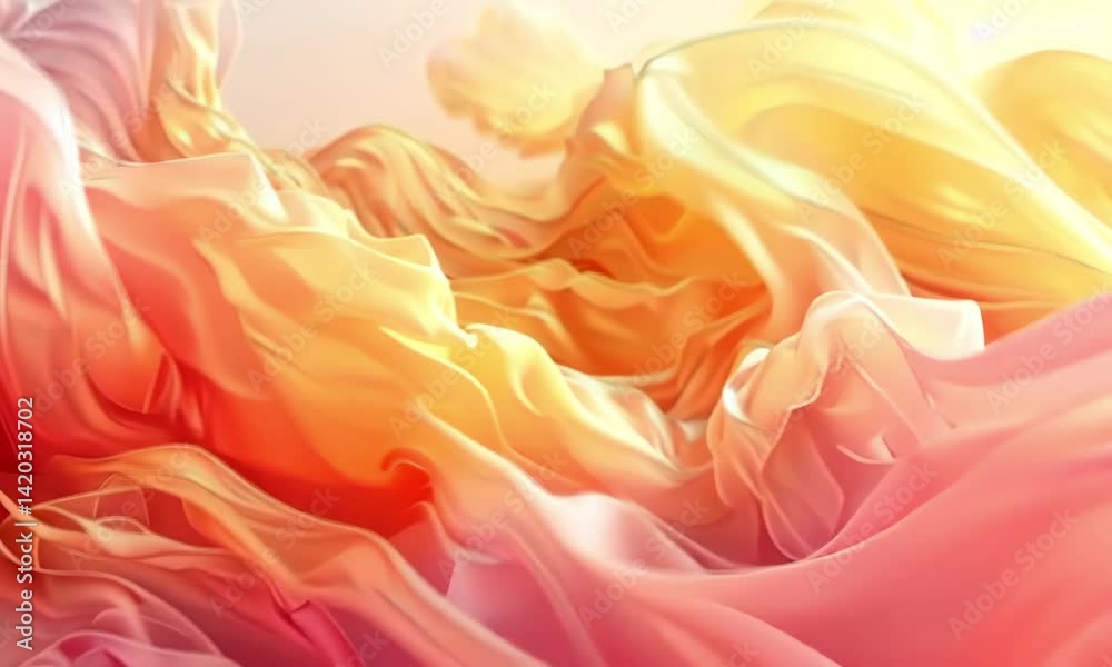 Poster captivating visual display with flowing fabric textures and warm colors in dynamic patterns at sunse