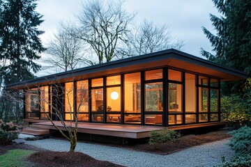 A Box-Style House with Large Corner Windows, a Lone Tree Beside, and a Gravel Base, Showcasing Clean Geometry and Modern Minimalism in a Balanced Natural Setting