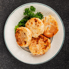 Meat cutlets pork, beef, chicken, lamb fried meat dish fresh delicious gourmet food background on the table rustic food top view copy space