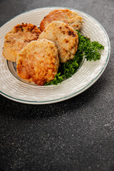 Meat cutlets pork, beef, chicken, lamb fried meat dish fresh delicious gourmet food background on the table rustic food top view copy space