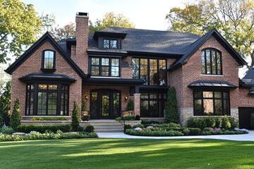 A Brick Exterior House with Black Framed Windows, Contemporary Architectural Lines, and a Soft Grass Lawn, Combining Traditional Texture with Modern Minimalism in a Harmonious Outdoor Setting