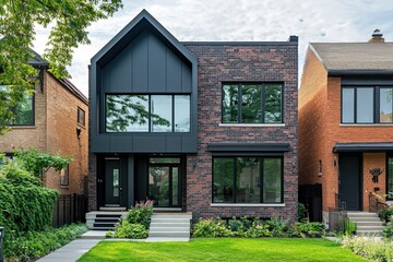 A Brick Exterior House with Black Framed Windows, Contemporary Architectural Lines, and a Soft Grass Lawn, Combining Traditional Texture with Modern Minimalism in a Harmonious Outdoor Setting