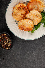 Meat cutlets pork, beef, chicken, lamb fried meat dish fresh delicious gourmet food background on the table rustic food top view copy space