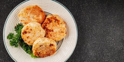 Meat cutlets pork, beef, chicken, lamb fried meat dish fresh delicious gourmet food background on the table rustic food top view copy space