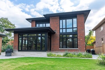 A Brick Exterior House with Black Framed Windows, Contemporary Architectural Lines, and a Soft Grass Lawn, Combining Traditional Texture with Modern Minimalism in a Harmonious Outdoor Setting