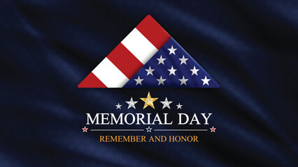 Memorial day banner background with folded US flag and silver stars. National holiday of the USA. Remember and honor. Vector illustration.