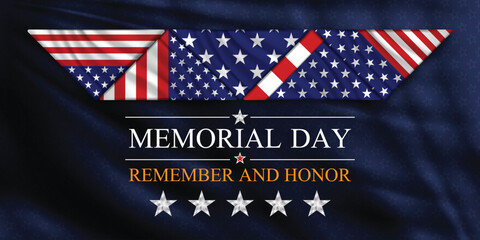 Memorial Day banner with folded triangle elements of the American flag. Memorial Day Remember and Honor on dark blue cloth background. Vector illustration.