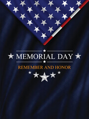 Memorial day banner background with folded US flag and silver stars. National holiday of the USA. Remember and honor. Vector illustration.