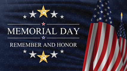 Memorial Day. Remember and Honor. United states flag poster. American flag and text on blue with stars background for Memorial Day. Vector illustration.