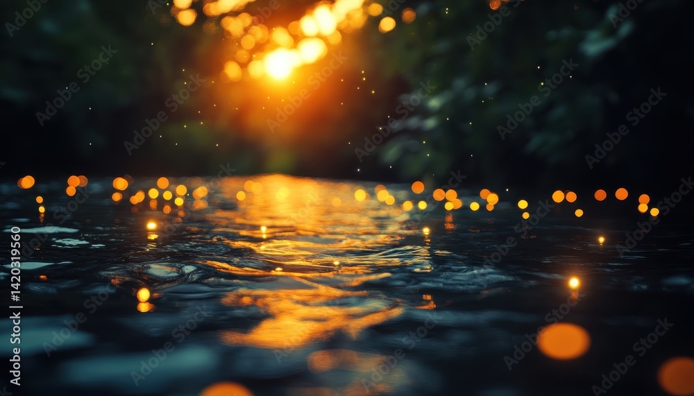 Poster glowing reflections at twilight on a calm river with water droplets and soft lights illuminating the