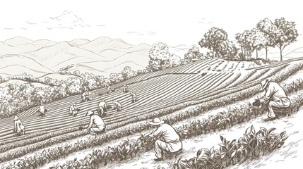 Fototapeta premium Vintage Style Illustration of Workers Cultivating Crops in Fields