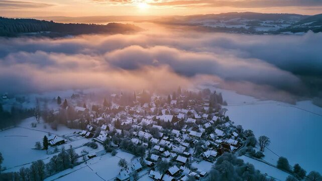 Aerial view of Marbach Germany in winter light before Christmas celebrations, Aerial view of Marbach, germany before Christmas on a cloudy afternoon in December