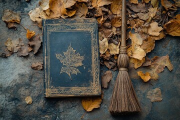A Classic Broomstick Resting Beside a Worn Spellbook and Scattered Leaves, Evoking a Vintage Witchcraft Mood with Autumnal Elements and a Touch of Mystical Storytelling Ambiance
