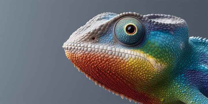 Chameleon Portrait: Vibrant colors and intricate details of a chameleon's head and eye, showcasing its unique ability to blend into its environment.