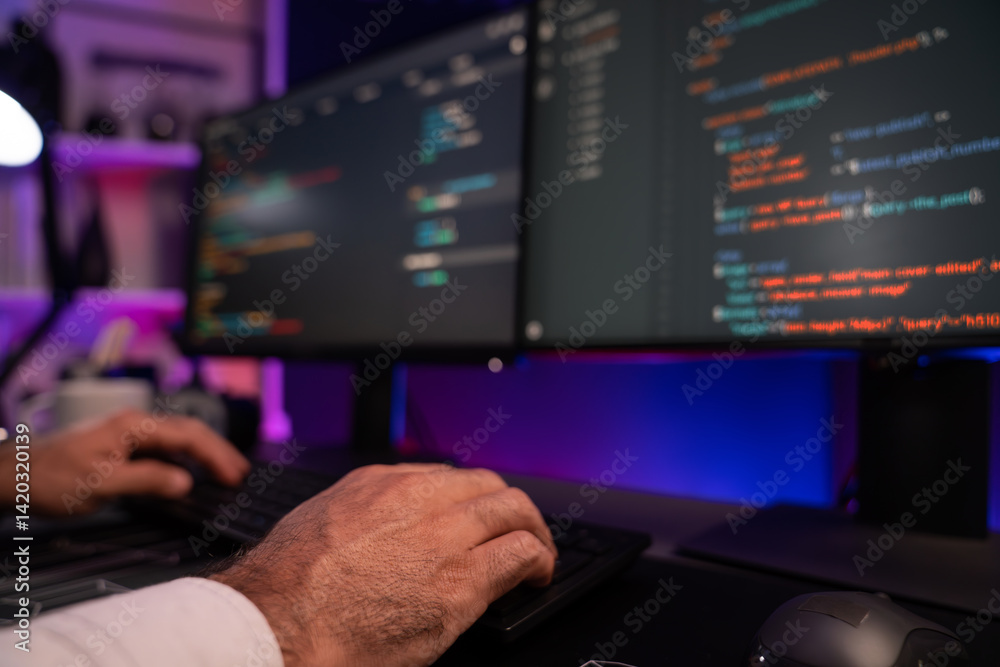 Poster cropped hands typing on keyboard of it developer's data software development on pc, creating applica