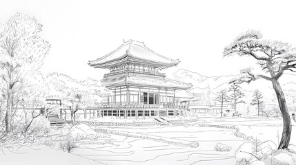 Traditional Asian Pavilion Surrounded by Scenic Winter Landscape