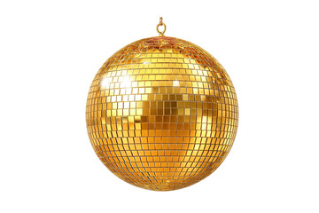 A dazzling golden disco ball ready to ignite the party, reflecting light in a mesmerizing display against a pure white background.