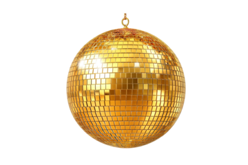 A dazzling golden disco ball ready to ignite the party, reflecting light in a mesmerizing display against a pure white background.
