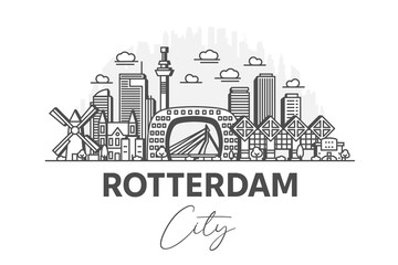 Fototapeta premium Rotterdam, Netherlands architecture line skyline illustration with shadows. Linear vector cityscape with famous landmarks, city sights, design icons.