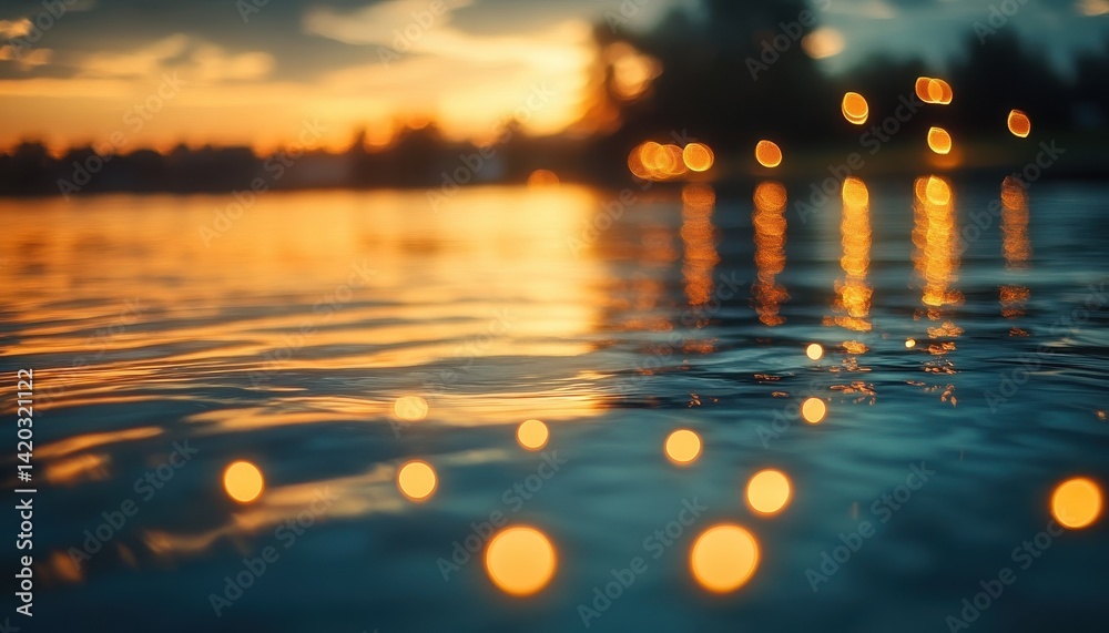 Poster glowing reflections at twilight on a calm river with water droplets and soft lights illuminating the