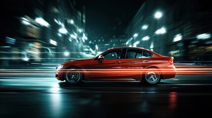 Dynamic motion blur of a glowing standard behind a speeding car urban nightscape photography vibrant city lights side view capturing energy