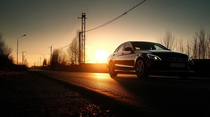 Fototapeta premium Silhouette of a low-profile car on a sunset road outdoor scene realistic photography urban environment ground-level view khris concept