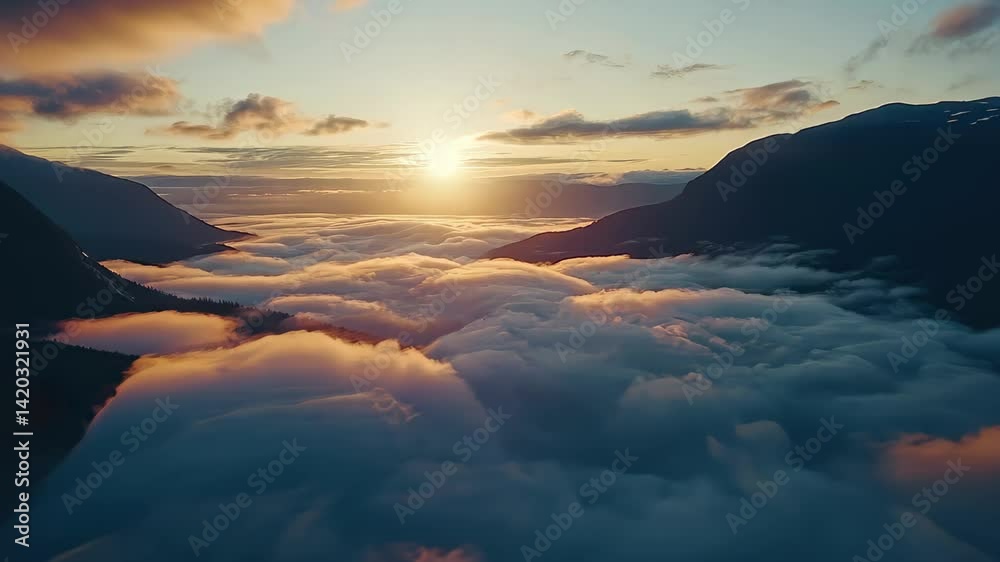 Poster hyper lapse capture of swirling clouds at sunrise over mountainous terrain, aerial hyper lapse of of