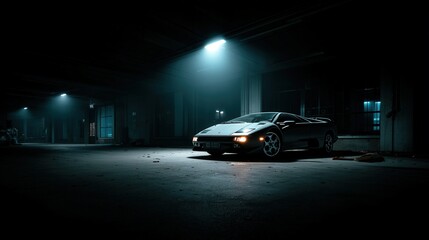 Illuminated supercar abandoned garage photograph low light side view high-contrast realism