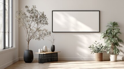 Minimal wall space with floating black frame (mockup)  