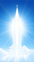 A radiant tower emerges from clouds, symbolizing hope and divinity.
