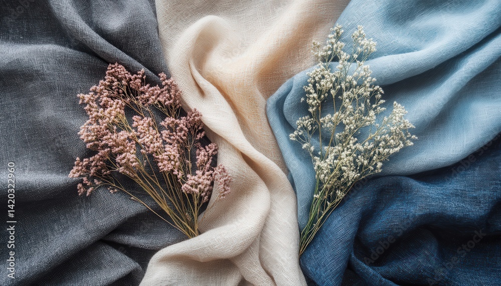 Poster Various textile fabrics showcasing a range of colors and textures arranged for a visual display in a design studio on a sunny afternoon