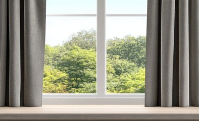 Room window with soft gray curtains, a view of lush green trees