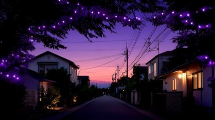 Fototapeta premium Tranquil Nightfall Serenity Street Lit By Purple Garland in Suburban Neighborhood After Sunset.