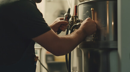 Plumber repairing a water heater in a utility room. Featuring repair skills and technical knowledge