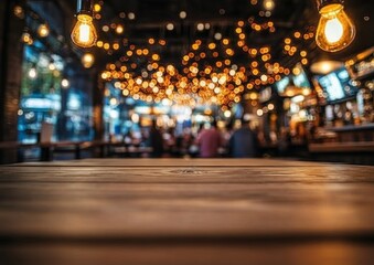 Wooden table top in a bustling bar. Warm, inviting ambiance