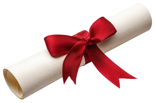 A rolled certificate tied with a vibrant red ribbon, signifying achievement and the culmination of hard work, a symbol of accomplishment and future possibilities against a clean white background.