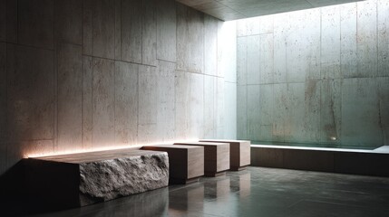 Minimalist bath space with one tile wall and stone seat  