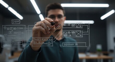 A person designing interface models on transparent screen with a marker